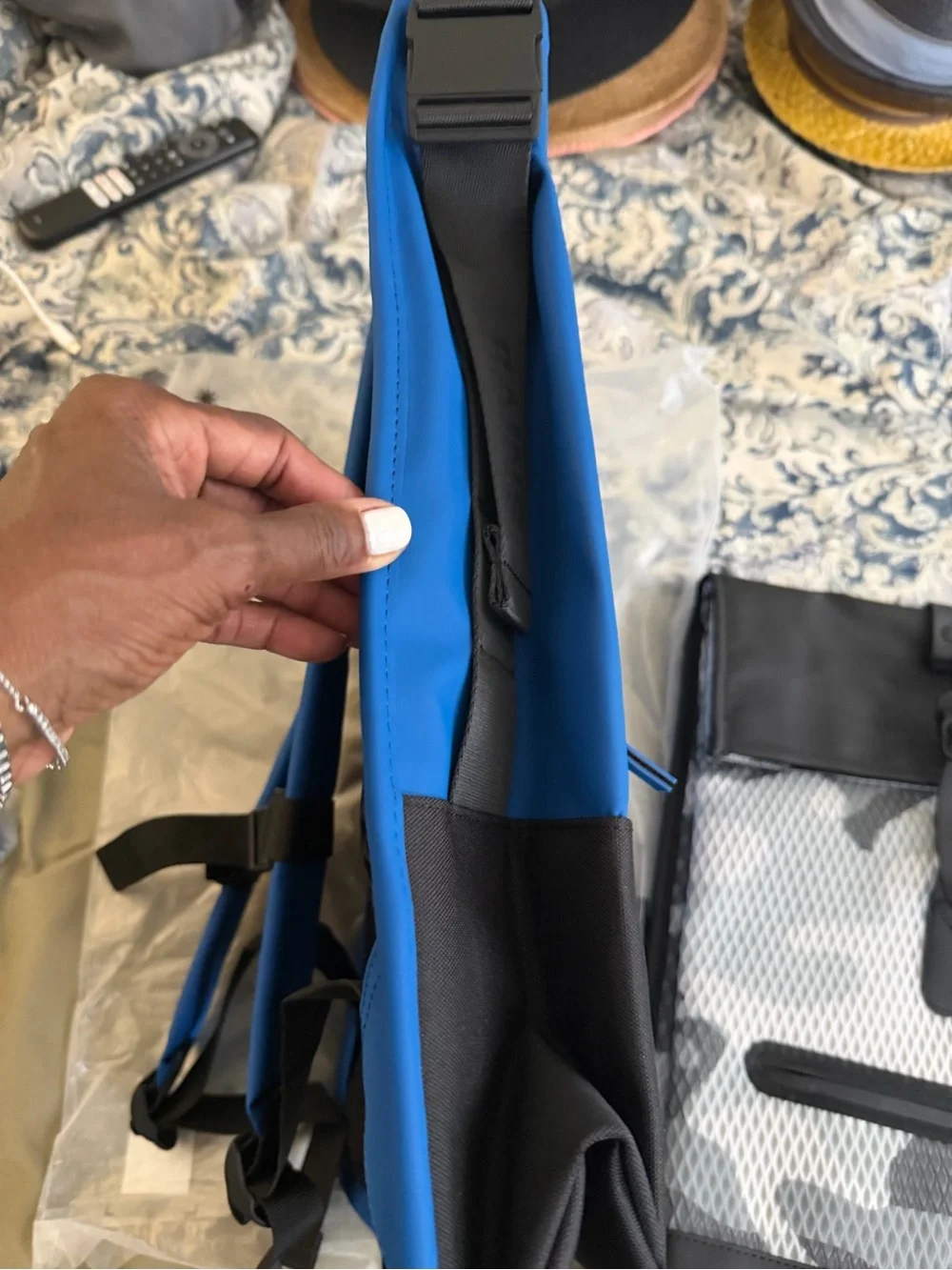 NWt•Rains Blue and Black Roll-Top Backpack•MSRP $155